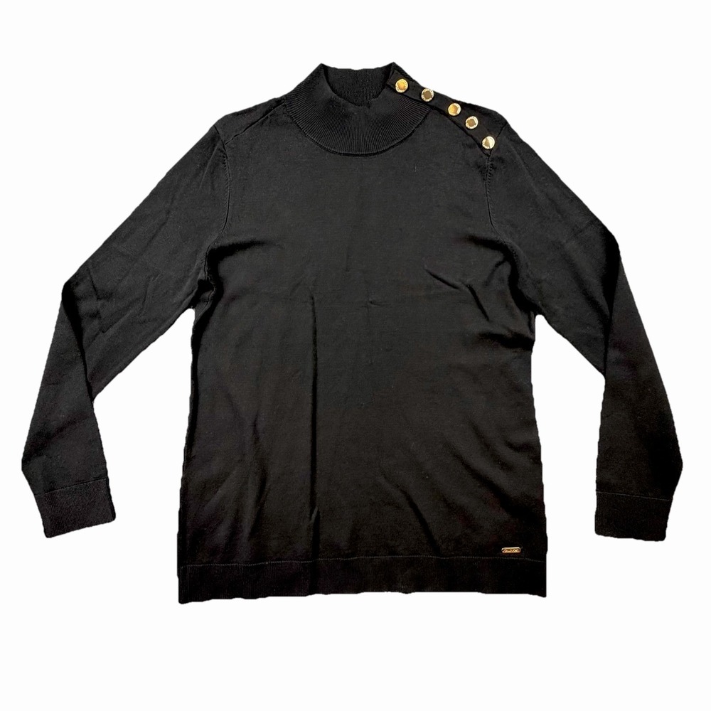 Calvin Klein Black Mock Neck Sweater Gold Button Shoulder Women M NWOT